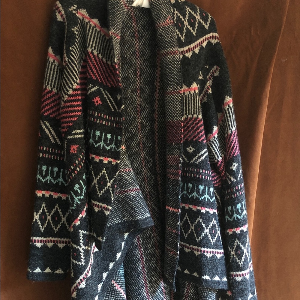 Open-Front Patterned Knit Cardigan in Navy with Pink & Teal Accents